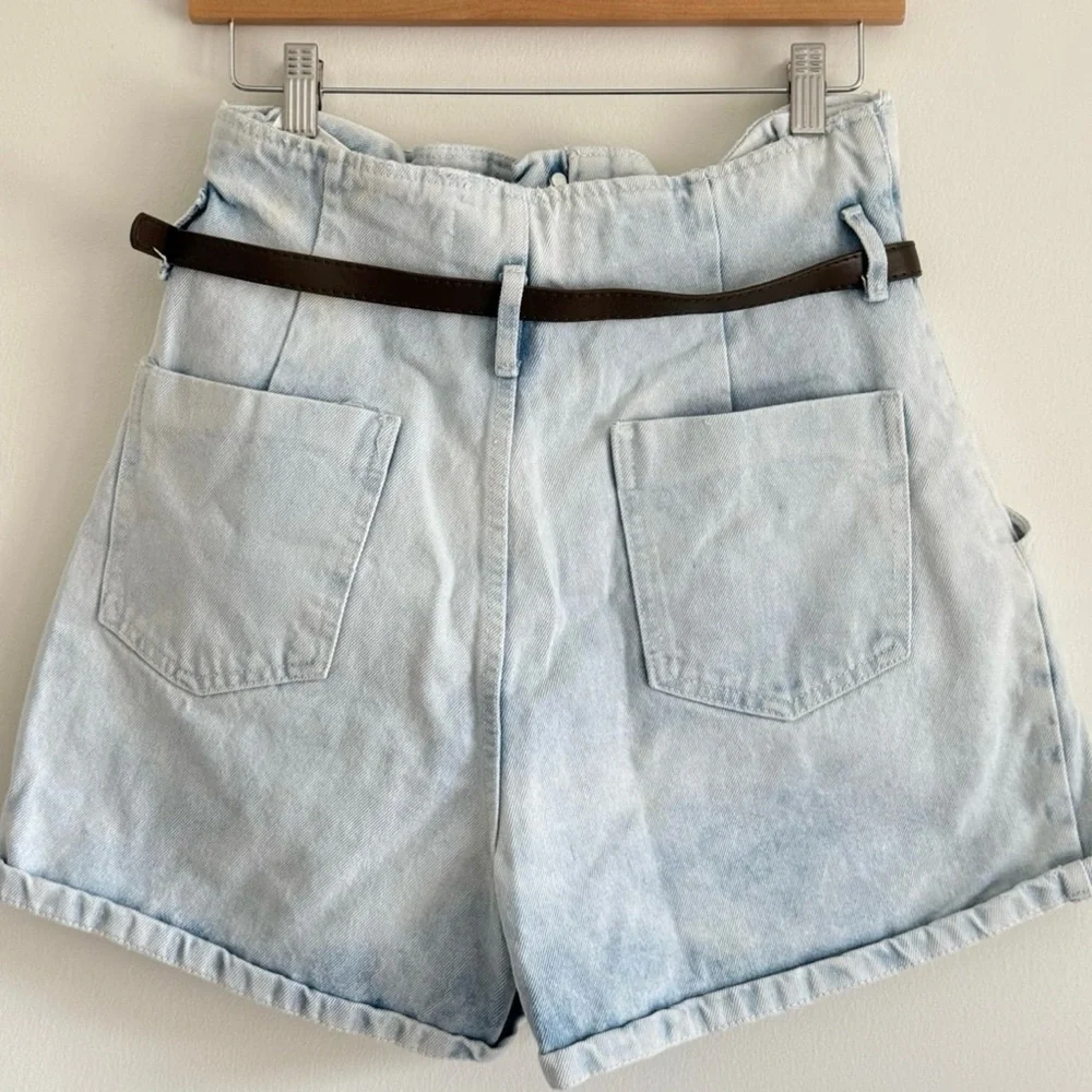 ZARA Paper Bag High Waisted Denim Shorts w/ Belt | M | 100% Cotton Classic Denim - Picture 2 of 4